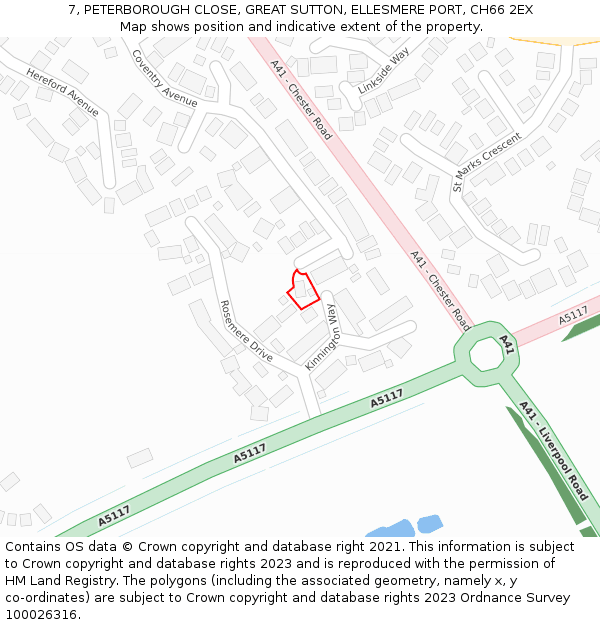 7, PETERBOROUGH CLOSE, GREAT SUTTON, ELLESMERE PORT, CH66 2EX: Location map and indicative extent of plot