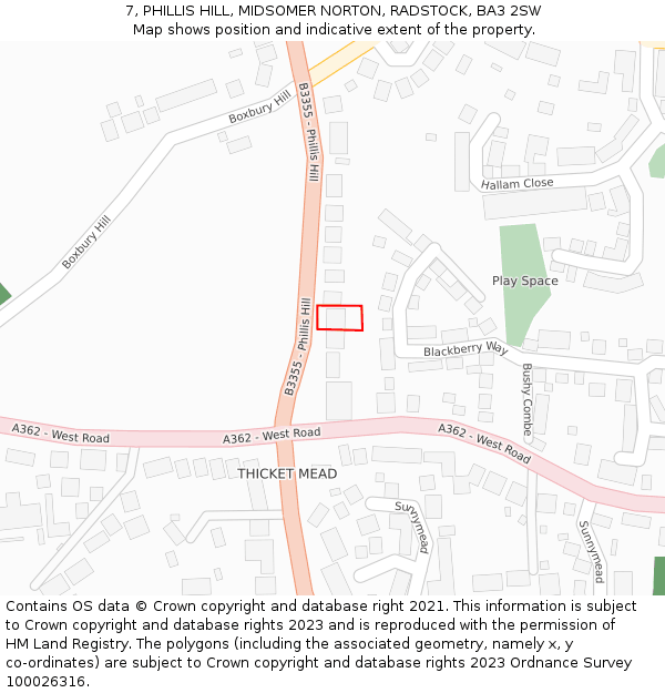7, PHILLIS HILL, MIDSOMER NORTON, RADSTOCK, BA3 2SW: Location map and indicative extent of plot