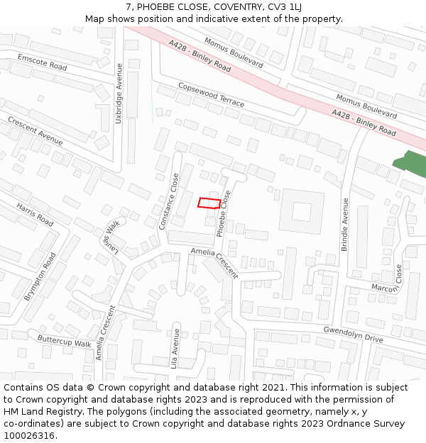 7, PHOEBE CLOSE, COVENTRY, CV3 1LJ: Location map and indicative extent of plot