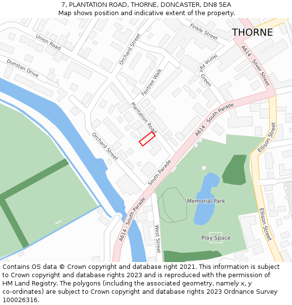 7, PLANTATION ROAD, THORNE, DONCASTER, DN8 5EA: Location map and indicative extent of plot