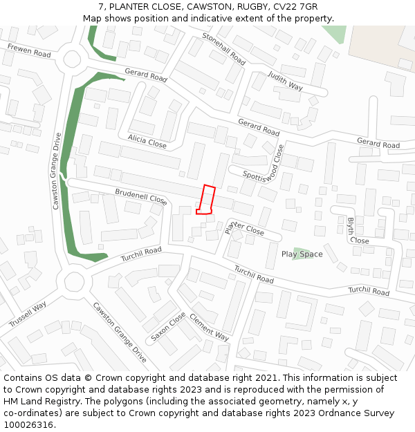 7, PLANTER CLOSE, CAWSTON, RUGBY, CV22 7GR: Location map and indicative extent of plot