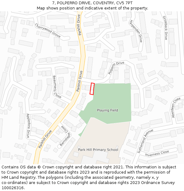 7, POLPERRO DRIVE, COVENTRY, CV5 7PT: Location map and indicative extent of plot