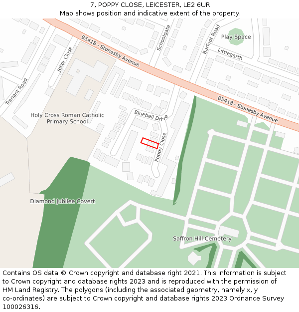 7, POPPY CLOSE, LEICESTER, LE2 6UR: Location map and indicative extent of plot