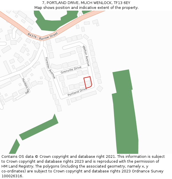 7, PORTLAND DRIVE, MUCH WENLOCK, TF13 6EY: Location map and indicative extent of plot