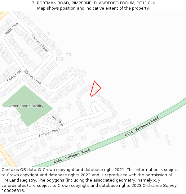 7, PORTMAN ROAD, PIMPERNE, BLANDFORD FORUM, DT11 8UJ: Location map and indicative extent of plot