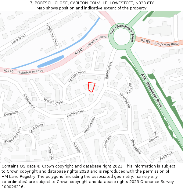 7, PORTSCH CLOSE, CARLTON COLVILLE, LOWESTOFT, NR33 8TY: Location map and indicative extent of plot