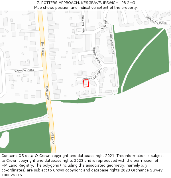 7, POTTERS APPROACH, KESGRAVE, IPSWICH, IP5 2HG: Location map and indicative extent of plot