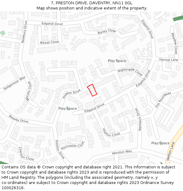 7, PRESTON DRIVE, DAVENTRY, NN11 0GL: Location map and indicative extent of plot