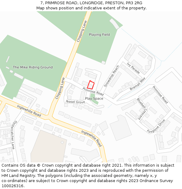7, PRIMROSE ROAD, LONGRIDGE, PRESTON, PR3 2RG: Location map and indicative extent of plot
