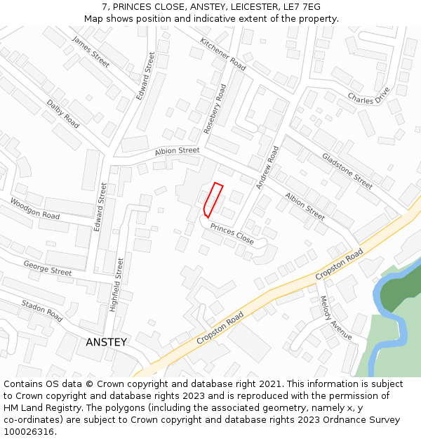 7, PRINCES CLOSE, ANSTEY, LEICESTER, LE7 7EG: Location map and indicative extent of plot