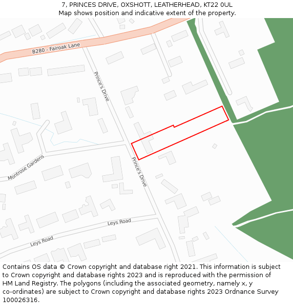 7, PRINCES DRIVE, OXSHOTT, LEATHERHEAD, KT22 0UL: Location map and indicative extent of plot