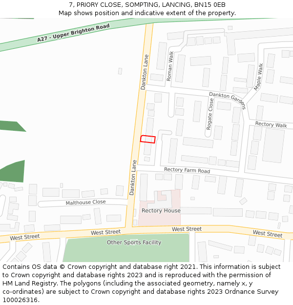 7, PRIORY CLOSE, SOMPTING, LANCING, BN15 0EB: Location map and indicative extent of plot