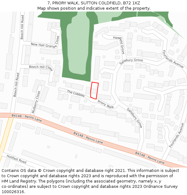 7, PRIORY WALK, SUTTON COLDFIELD, B72 1XZ: Location map and indicative extent of plot