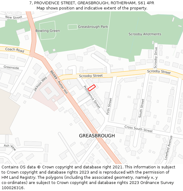 7, PROVIDENCE STREET, GREASBROUGH, ROTHERHAM, S61 4PR: Location map and indicative extent of plot