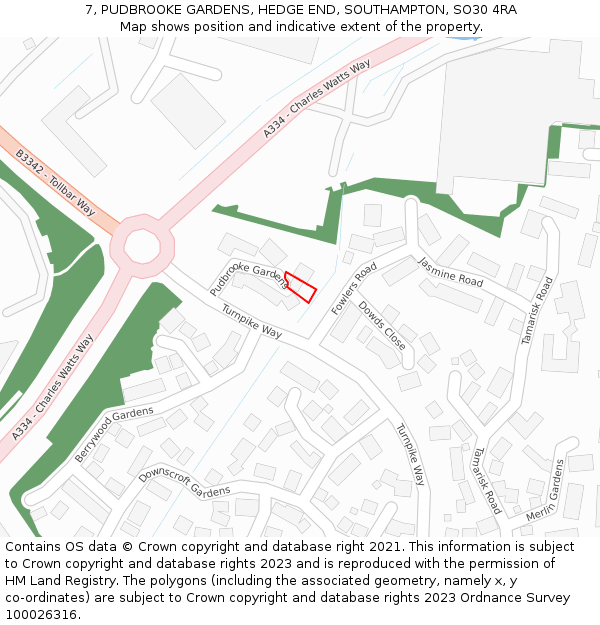 7, PUDBROOKE GARDENS, HEDGE END, SOUTHAMPTON, SO30 4RA: Location map and indicative extent of plot