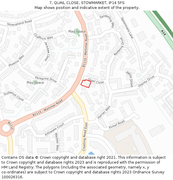 7, QUAIL CLOSE, STOWMARKET, IP14 5FS: Location map and indicative extent of plot