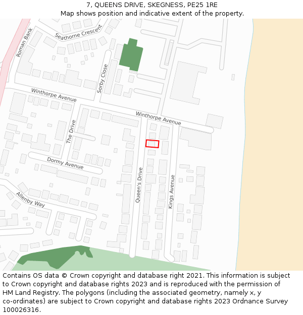 7, QUEENS DRIVE, SKEGNESS, PE25 1RE: Location map and indicative extent of plot