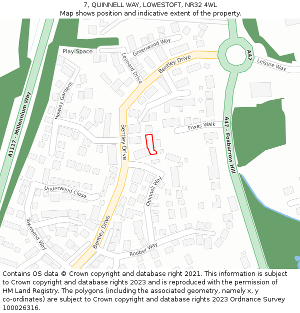 7, QUINNELL WAY, LOWESTOFT, NR32 4WL: Location map and indicative extent of plot
