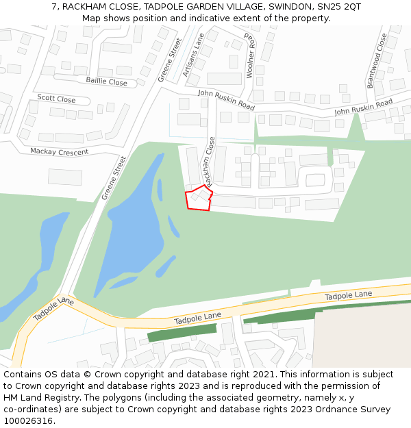 7, RACKHAM CLOSE, TADPOLE GARDEN VILLAGE, SWINDON, SN25 2QT: Location map and indicative extent of plot