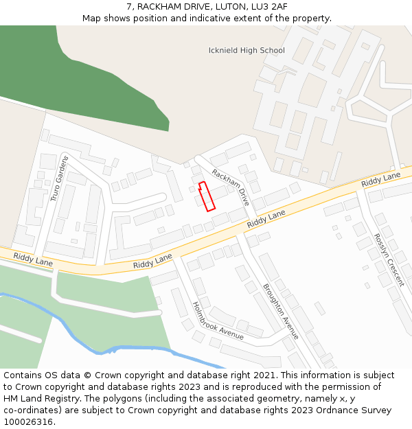 7, RACKHAM DRIVE, LUTON, LU3 2AF: Location map and indicative extent of plot