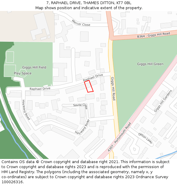 7, RAPHAEL DRIVE, THAMES DITTON, KT7 0BL: Location map and indicative extent of plot