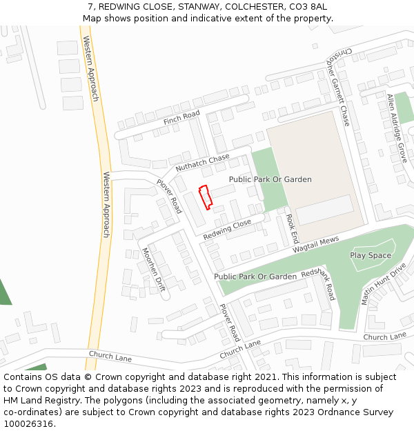 7, REDWING CLOSE, STANWAY, COLCHESTER, CO3 8AL: Location map and indicative extent of plot
