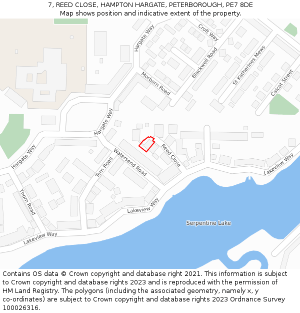 7, REED CLOSE, HAMPTON HARGATE, PETERBOROUGH, PE7 8DE: Location map and indicative extent of plot
