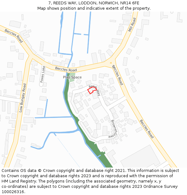 7, REEDS WAY, LODDON, NORWICH, NR14 6FE: Location map and indicative extent of plot