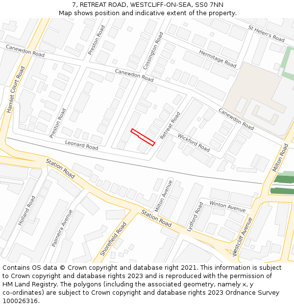 7, RETREAT ROAD, WESTCLIFF-ON-SEA, SS0 7NN: Location map and indicative extent of plot