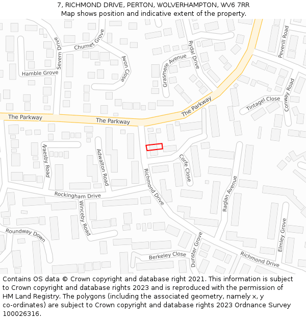 7, RICHMOND DRIVE, PERTON, WOLVERHAMPTON, WV6 7RR: Location map and indicative extent of plot