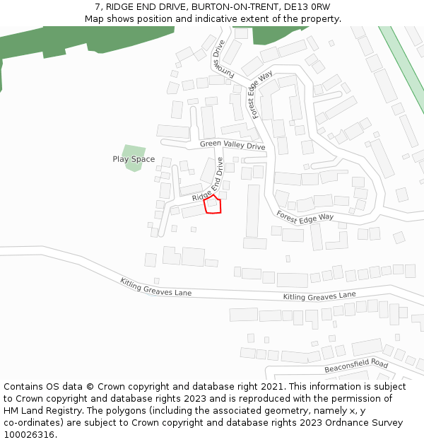 7, RIDGE END DRIVE, BURTON-ON-TRENT, DE13 0RW: Location map and indicative extent of plot
