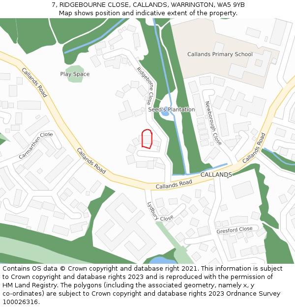 7, RIDGEBOURNE CLOSE, CALLANDS, WARRINGTON, WA5 9YB: Location map and indicative extent of plot