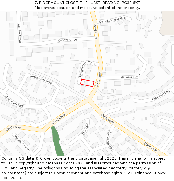 7, RIDGEMOUNT CLOSE, TILEHURST, READING, RG31 6YZ: Location map and indicative extent of plot