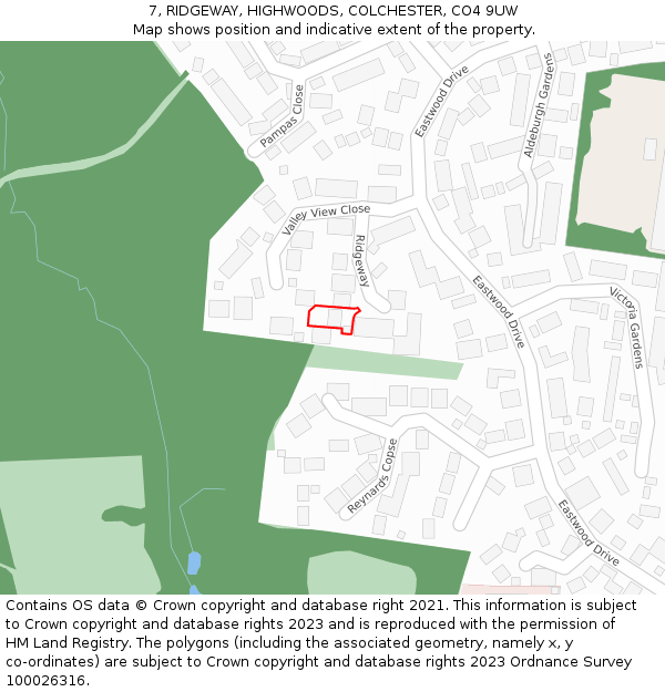 7, RIDGEWAY, HIGHWOODS, COLCHESTER, CO4 9UW: Location map and indicative extent of plot