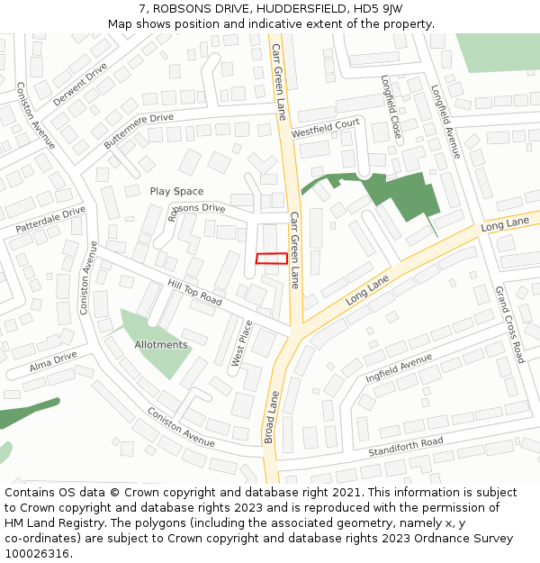 7, ROBSONS DRIVE, HUDDERSFIELD, HD5 9JW: Location map and indicative extent of plot