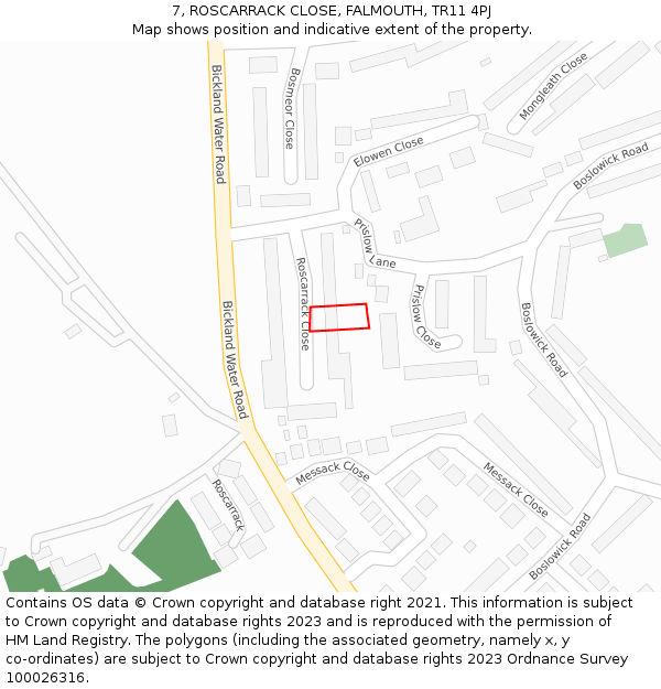 7, ROSCARRACK CLOSE, FALMOUTH, TR11 4PJ: Location map and indicative extent of plot