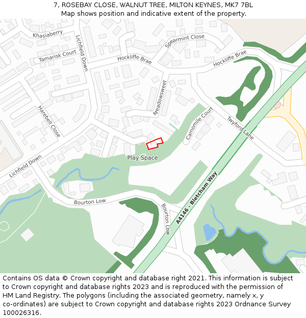 7, ROSEBAY CLOSE, WALNUT TREE, MILTON KEYNES, MK7 7BL: Location map and indicative extent of plot