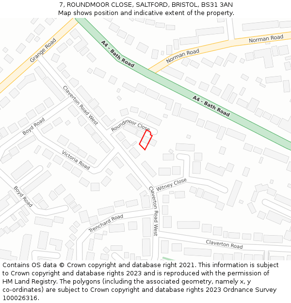 7, ROUNDMOOR CLOSE, SALTFORD, BRISTOL, BS31 3AN: Location map and indicative extent of plot