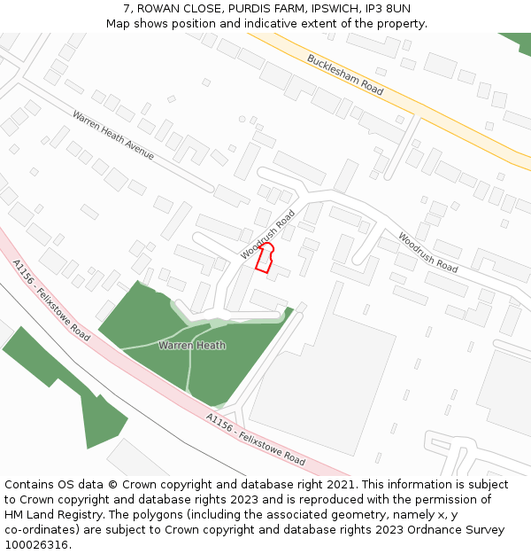 7, ROWAN CLOSE, PURDIS FARM, IPSWICH, IP3 8UN: Location map and indicative extent of plot