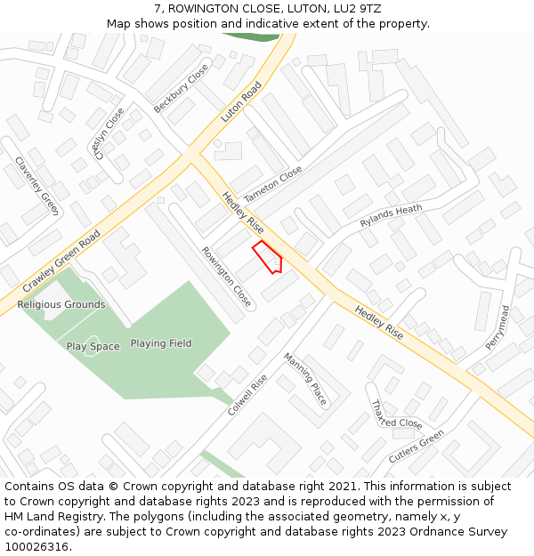 7, ROWINGTON CLOSE, LUTON, LU2 9TZ: Location map and indicative extent of plot