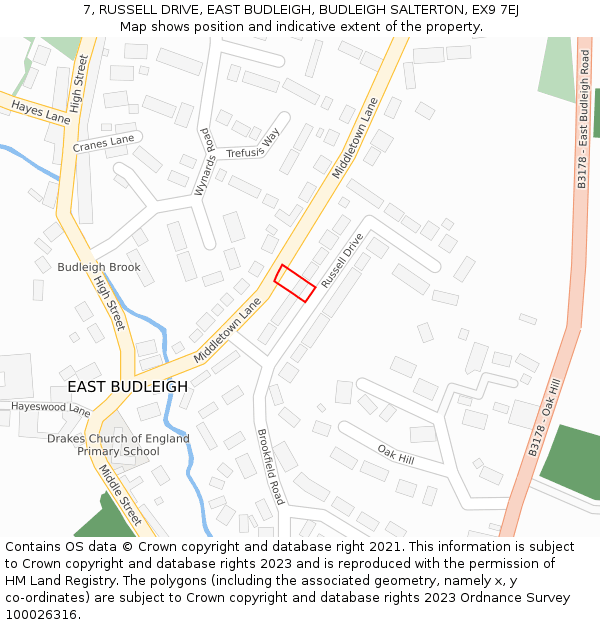 7, RUSSELL DRIVE, EAST BUDLEIGH, BUDLEIGH SALTERTON, EX9 7EJ: Location map and indicative extent of plot