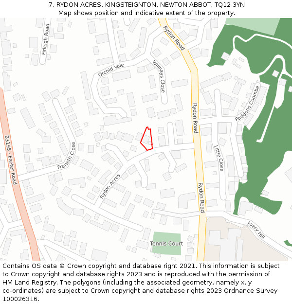 7, RYDON ACRES, KINGSTEIGNTON, NEWTON ABBOT, TQ12 3YN: Location map and indicative extent of plot