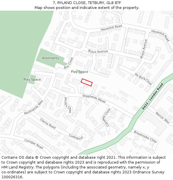 7, RYLAND CLOSE, TETBURY, GL8 8TF: Location map and indicative extent of plot