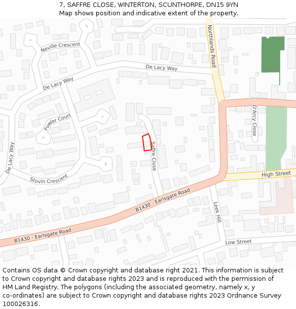 7, SAFFRE CLOSE, WINTERTON, SCUNTHORPE, DN15 9YN: Location map and indicative extent of plot