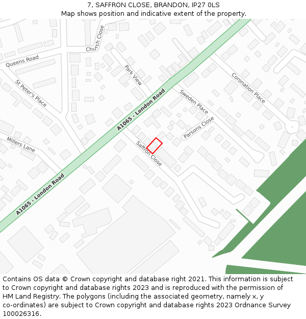 7, SAFFRON CLOSE, BRANDON, IP27 0LS: Location map and indicative extent of plot