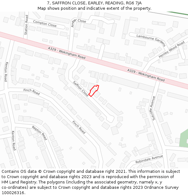 7, SAFFRON CLOSE, EARLEY, READING, RG6 7JA: Location map and indicative extent of plot