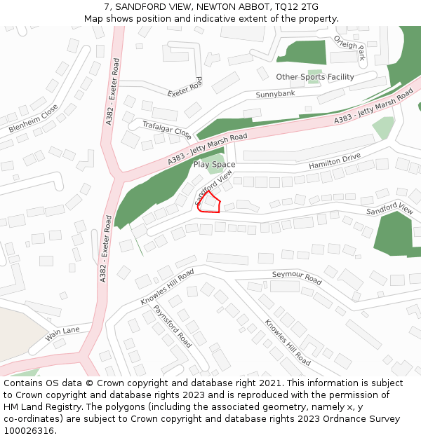 7, SANDFORD VIEW, NEWTON ABBOT, TQ12 2TG: Location map and indicative extent of plot