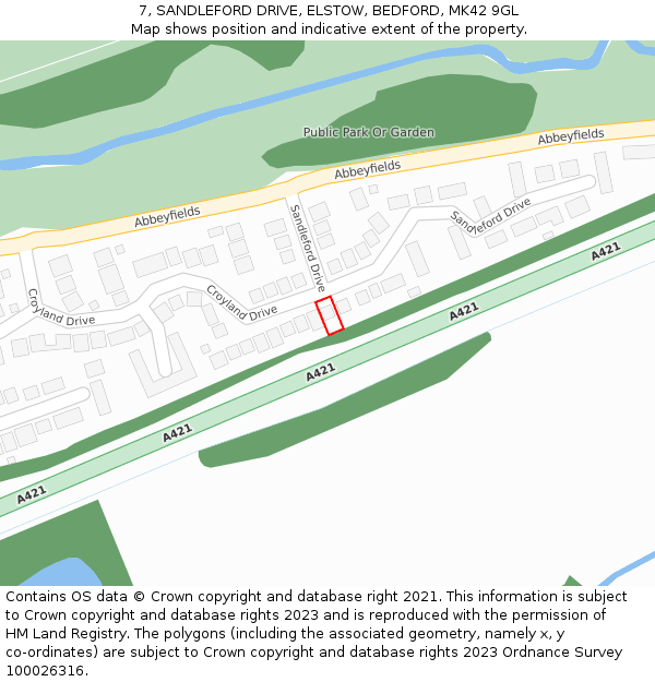 7, SANDLEFORD DRIVE, ELSTOW, BEDFORD, MK42 9GL: Location map and indicative extent of plot