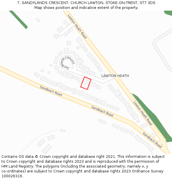 7, SANDYLANDS CRESCENT, CHURCH LAWTON, STOKE-ON-TRENT, ST7 3DS: Location map and indicative extent of plot