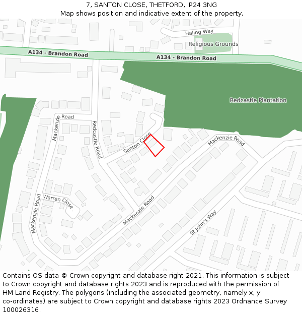 7, SANTON CLOSE, THETFORD, IP24 3NG: Location map and indicative extent of plot